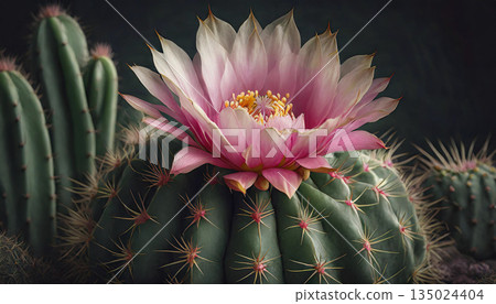 仙人掌上盛開著絢麗的粉紅色花朵 / 象徵著活力與美麗的自然藝術 135024404