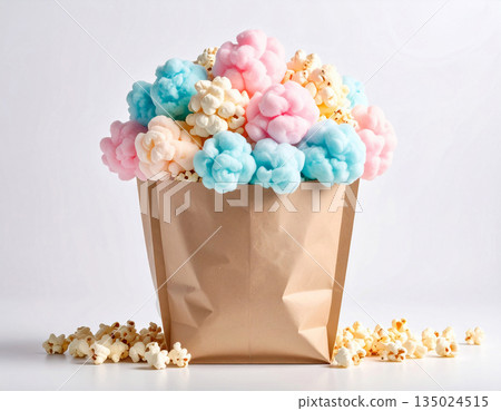 Presentation. Bright food for movie theaters. Popcorn and cotton candy in a paper bag. Presentation. Bright food for movie theaters. Popcorn and cotton candy in a paper bag. 135024515