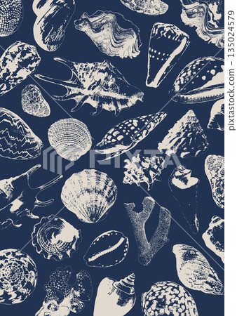 Vector tropical underwater style poster of corals and seashells collection Isolated on dark blue background. Card for interior design, prints, fabric or background. Vector tropical underwater style poster of corals and seashells collection Isolated on dark blue background. Card for interior design, prints, fabric or background. 135024579