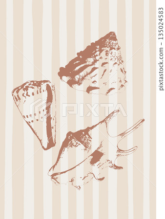 Vector tropical underwater style poster of seashells collection Isolated on beige background. Card for interior design, prints, fabric or background. 135024583