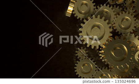 Golden Mechanical Gears Concept Representing Industry Engineering and Business Efficiency 3d render. 135024696