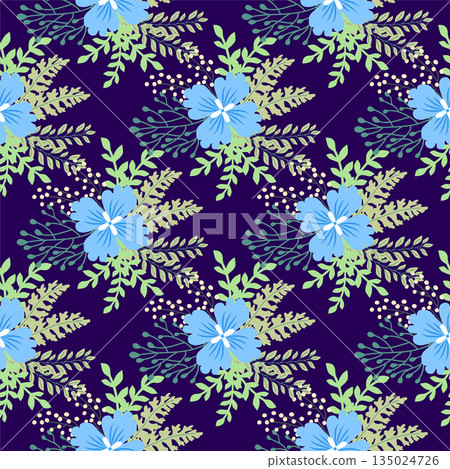 Vintage Decorative seamless pattern in classic style with small flowers, ditsy. Light silhouettes of flowers, two-color ornament in pastel colors 135024726