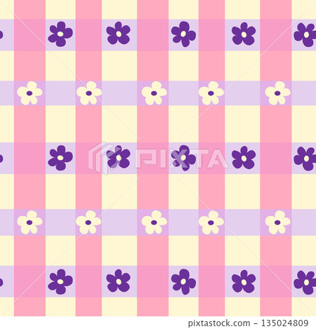 Gingham seamless vector pattern with meadow chamomile flowers and hearts. Tartan check. Cozy cute childish background in a pastel palette Gingham seamless vector pattern with meadow chamomile flowers and hearts. Tartan check. Cozy cute childish background in a pastel palette 135024809