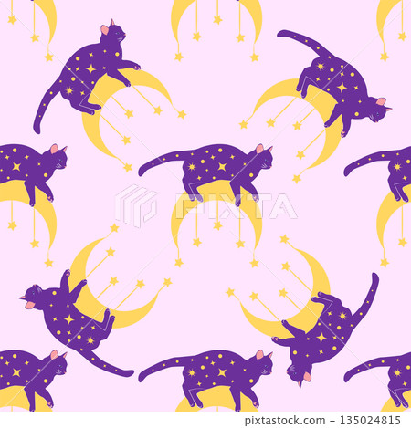 Mystical seamless pattern of cats in boho style, silhouette collection. Witchcraft and magic Mystical seamless pattern of cats in boho style, silhouette collection. Witchcraft and magic 135024815