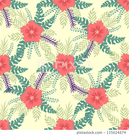 Vintage Decorative seamless pattern in classic style with small flowers, ditsy. Light silhouettes of flowers, two-color ornament in pastel colors 135024874