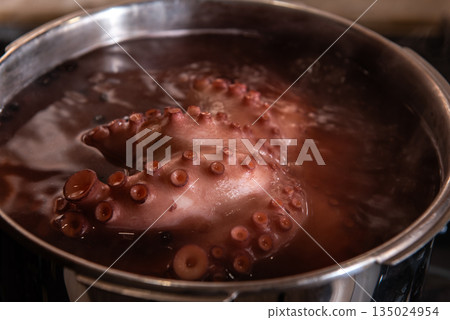 Boiled octopus cooking in stainless steel pot Boiled octopus cooking in stainless steel pot 135024954