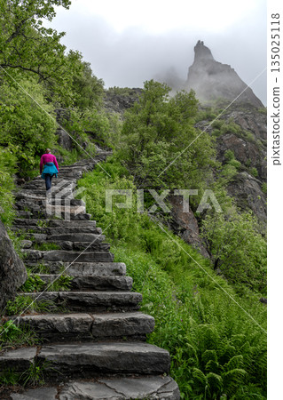 Hiking Path With Devils Stairs To Djevelporten The Devils Stone In Svolvaer On Lofoten Islands In Norway Hiking Path With Devils Stairs To Djevelporten The Devils Stone In Svolvaer On Lofoten Islands In Norway 135025118