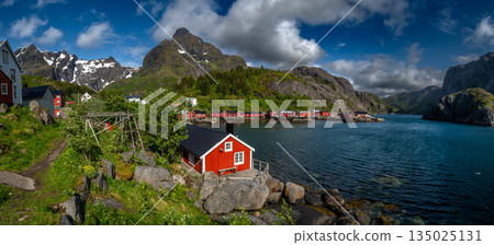 Old Fishermen Village Nusfjord With Rorbuer Huts And Calm Fjord On Lofoten Islands In Norway Old Fishermen Village Nusfjord With Rorbuer Huts And Calm Fjord On Lofoten Islands In Norway 135025131