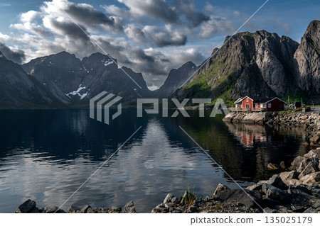 Rorbuer Hut And Calm Fjord At Hamnoy Village On Lofoten Islands In Norway 135025179