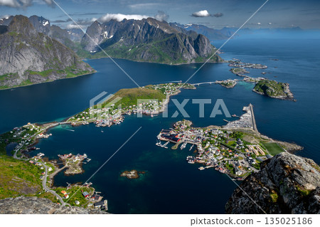 Spectacular Viewing Point Reinebringen Over Coastal Landscape At Reine And Hamnoy On Lofoten Islands In Norway Spectacular Viewing Point Reinebringen Over Coastal Landscape At Reine And Hamnoy On Lofoten Islands In Norway 135025186