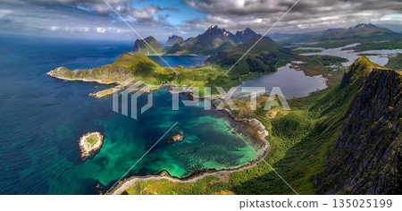 View From Offersoykammen Mountain Over Coastal Landscape On Lofoten Islands In Norway 135025199