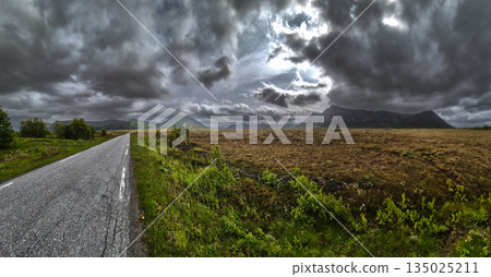 Abandoned Rural Road Through Moore Landscape On Andoya Island Of Lofoten In Norway Abandoned Rural Road Through Moore Landscape On Andoya Island Of Lofoten In Norway 135025211