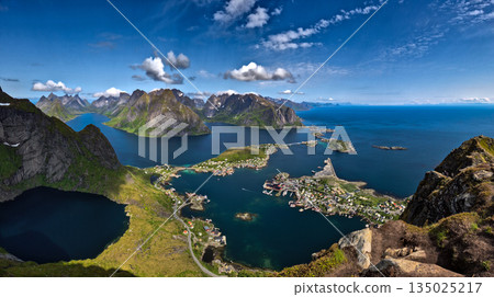 Spectacular Viewing Point Reinebringen Over Coastal Landscape At Reine And Hamnoy On Lofoten Islands In Norway Spectacular Viewing Point Reinebringen Over Coastal Landscape At Reine And Hamnoy On Lofoten Islands In Norway 135025217