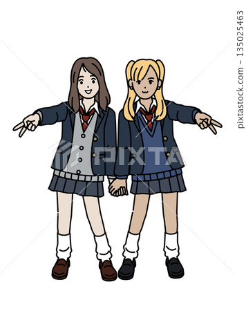Illustration of a high school girl gal making a 'peace' sign 135025463