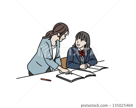 Illustration of a female student taking a class from a cram school teacher Illustration of a female student taking a class from a cram school teacher 135025469