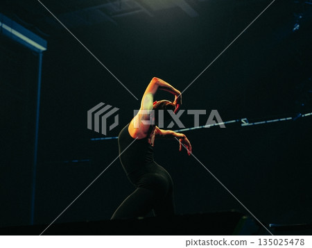 contemporary dancer on dark stage, striking spotlight silhouette conveying intense expression and fluid movement during latenight rehearsal, studio atmosphere with dramatic shadows and minimal props 135025478