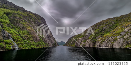 Passage Through Trollfjord With Ferry Ship At Lofoten Islands In Norway 135025535
