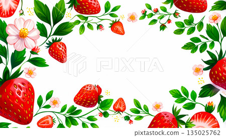 春季水果插圖裝飾框草莓糖果留白背景 135025762