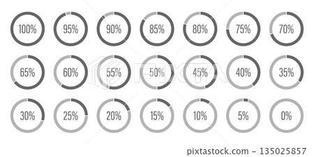 Circle diagrams icons for infographics from 100 to 0 percent. Template of dark gray and gray color fill pie charts indicator. Round graph loading progress set. Light black progress bars. Round Circle diagrams icons for infographics from 100 to 0 percent. Template of dark gray and gray color fill pie charts indicator. Round graph loading progress set. Light black progress bars. Round 135025857