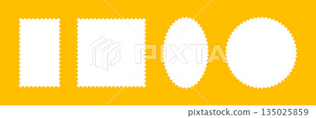 Postage stamp template frames. Backdrops for postcards, letters, empty borders. Oval or circle and rectangular blank vintage stamps. Label, tags, coupons boxes with wavy, wiggly perforated edges. 135025859