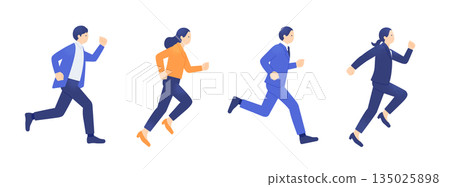 一支奔跑的商業團隊。圖中描繪了四位商務人士並肩奔跑的場景。 135025898