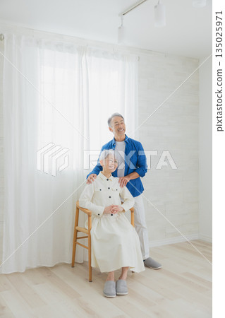 Smiling senior couple in the living room Smiling senior couple in the living room 135025971
