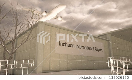 Incheon International Airport exterior with airplane overhead in winter snowfall, Seoul, South Korea 3D rendering Incheon International Airport exterior with airplane overhead in winter snowfall, Seoul, South Korea 3D rendering 135026150