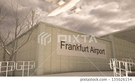 Frankfurt Airport exterior with airplane overhead in winter snowfall, Frankfurt, Germany 3D rendering Frankfurt Airport exterior with airplane overhead in winter snowfall, Frankfurt, Germany 3D rendering 135026154