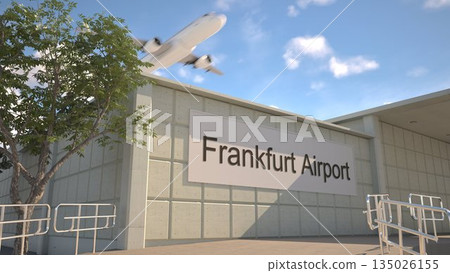 Frankfurt Airport entrance sign and airplane passing above on a summer day, Frankfurt, Germany 3D rendering Frankfurt Airport entrance sign and airplane passing above on a summer day, Frankfurt, Germany 3D rendering 135026155