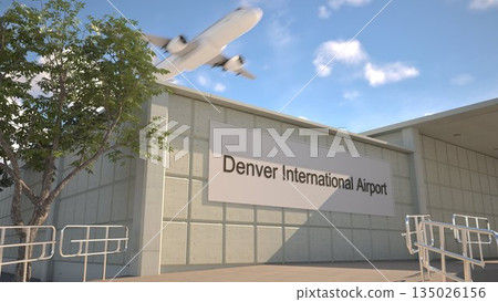 Denver International Airport entrance sign and airplane passing above on a summer day, Denver, United States 3D rendering Denver International Airport entrance sign and airplane passing above on a summer day, Denver, United States 3D rendering 135026156