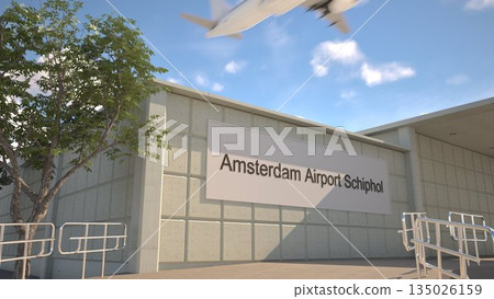 Amsterdam Airport Schiphol entrance sign and airplane passing above on a summer day, Amsterdam, Netherlands 3D rendering Amsterdam Airport Schiphol entrance sign and airplane passing above on a summer day, Amsterdam, Netherlands 3D rendering 135026159