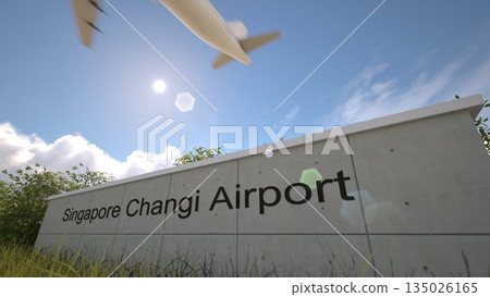 Outgoing flight concept at Singapore Changi Airport terminal sign with jet takeoff, Singapore, Singapore 3D rendering Outgoing flight concept at Singapore Changi Airport terminal sign with jet takeoff, Singapore, Singapore 3D rendering 135026165