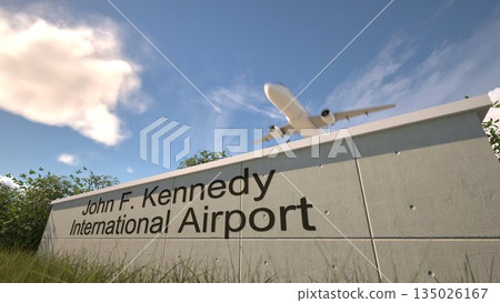 Departures at John F Kennedy International Airport with airplane leaving overhead, New York, United States 3D rendering Departures at John F Kennedy International Airport with airplane leaving overhead, New York, United States 3D rendering 135026167