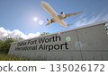 Airport departures scene at Dallas Fort Worth International Airport with airplane climbing above terminal, Dallas Fort Worth, United States 3D rendering 135026172