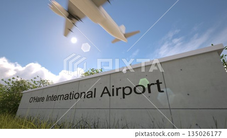Departures at Chicago OHare International Airport with airplane leaving overhead, Chicago, United States 3D rendering 135026177