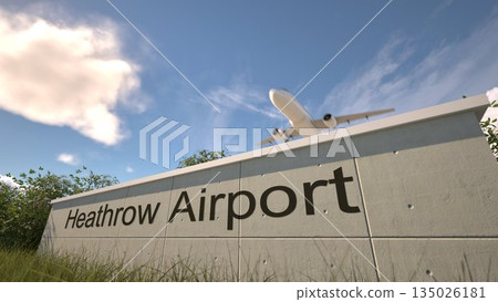 Departures at London Heathrow Airport with airplane leaving overhead, London, United Kingdom 3D rendering Departures at London Heathrow Airport with airplane leaving overhead, London, United Kingdom 3D rendering 135026181