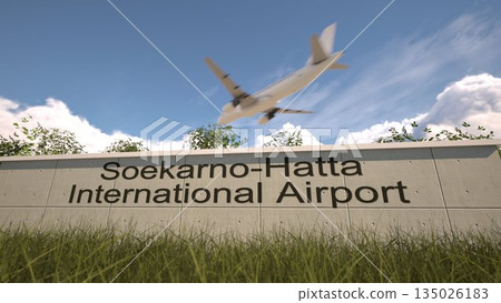 Arrivals at Soekarno Hatta International Airport with airplane landing near terminal, Jakarta, Indonesia 3D rendering Arrivals at Soekarno Hatta International Airport with airplane landing near terminal, Jakarta, Indonesia 3D rendering 135026183