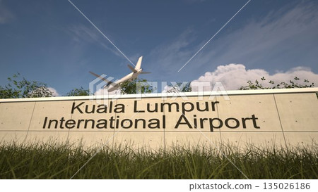 Arrivals at Kuala Lumpur International Airport with airplane landing near terminal, Kuala Lumpur, Malaysia 3D rendering 135026186