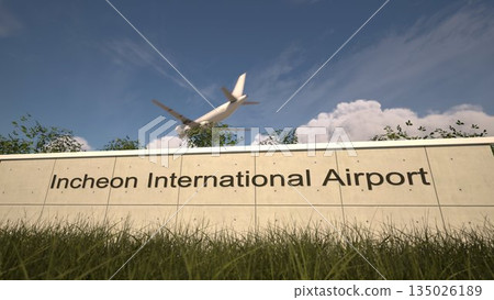 Arrivals at Incheon International Airport with airplane landing near terminal, Seoul, South Korea 3D rendering Arrivals at Incheon International Airport with airplane landing near terminal, Seoul, South Korea 3D rendering 135026189