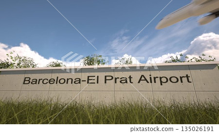 Arrivals at Barcelona El Prat Airport with airplane landing near terminal, Barcelona, Spain 3D rendering Arrivals at Barcelona El Prat Airport with airplane landing near terminal, Barcelona, Spain 3D rendering 135026191