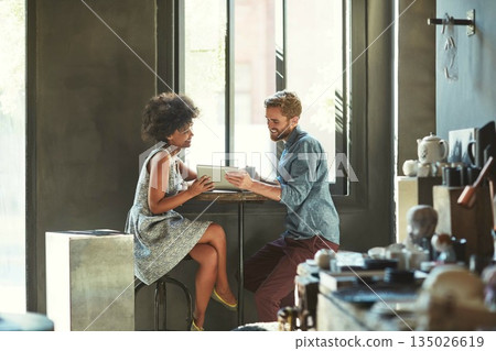 Coffee shop team, tablet and happy people reading online research, positive customer experience review or feedback. Cafe management, diversity teamwork and partner smile for restaurant sales revenue 135026619