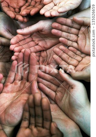 Open hands, diversity group and together with community, solidarity and support. Trust, faith and charity hands gesture with people and collaboration with crowd show palm and society and commitment 135026659