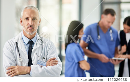Health care, pride and portrait of senior doctor with leadership in hospital or support in clinic. Healthcare boss, medicine, and serious face of confident man or medical professional in management. Health care, pride and portrait of senior doctor with leadership in hospital or support in clinic. Healthcare boss, medicine, and serious face of confident man or medical professional in management. 135026688