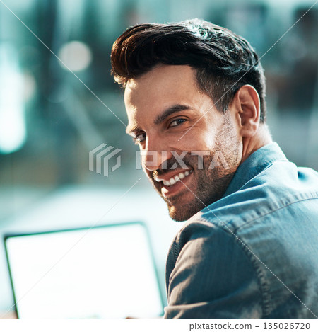 IT man, face and smile for portrait in office with confidence, and commitment to company business. Happy male entrepreneur working in startup agency with pride, professionalism and motivation 135026720