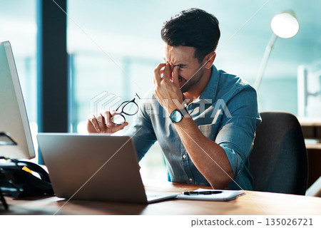 Eye strain, headache and business man at laptop with stress, mental health problem and brain fog. Tired, frustrated and confused worker at computer with fatigue, burnout and pain of vertigo in office 135026721