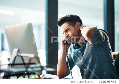 Business man, telephone call and stress in office for mistake, problem and anxiety for failure, bad news and crisis at computer. Frustrated worker, worry and talking on phone with fatigue of burnout Business man, telephone call and stress in office for mistake, problem and anxiety for failure, bad news and crisis at computer. Frustrated worker, worry and talking on phone with fatigue of burnout 135026723