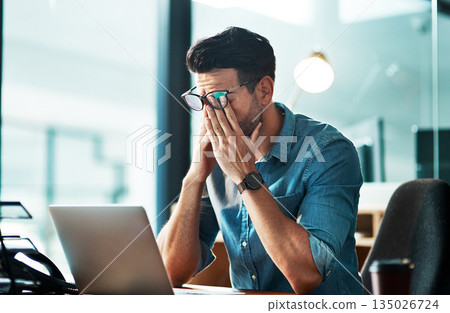 Headache, stress and tired business man at laptop in office for anxiety, debt crisis and eye strain problem. Burnout, fatigue and worker at computer with pain, brain fog and frustrated with mistake Headache, stress and tired business man at laptop in office for anxiety, debt crisis and eye strain problem. Burnout, fatigue and worker at computer with pain, brain fog and frustrated with mistake 135026724