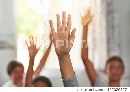 Question, school and hands of children in classroom for answer in lesson, learning and education. Child development, knowledge and young students with hand raised for asking, feedback and questions Question, school and hands of children in classroom for answer in lesson, learning and education. Child development, knowledge and young students with hand raised for asking, feedback and questions 135026757