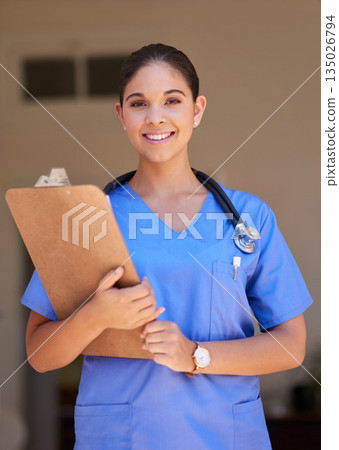 Clipboard, portrait and happy woman nurse with healthcare service, hospital management and nursing. Face, smile and professional doctor or medical person with checklist for clinic career and mindset 135026794