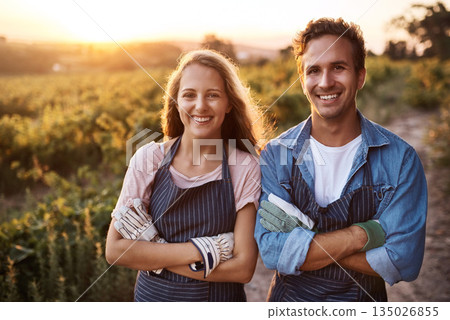 Happy couple, arms crossed and portrait for farming, outdoor agriculture for plants, food and vegetables. Woman, man and together in countryside, garden or farm for happiness, start or sustainability Happy couple, arms crossed and portrait for farming, outdoor agriculture for plants, food and vegetables. Woman, man and together in countryside, garden or farm for happiness, start or sustainability 135026855